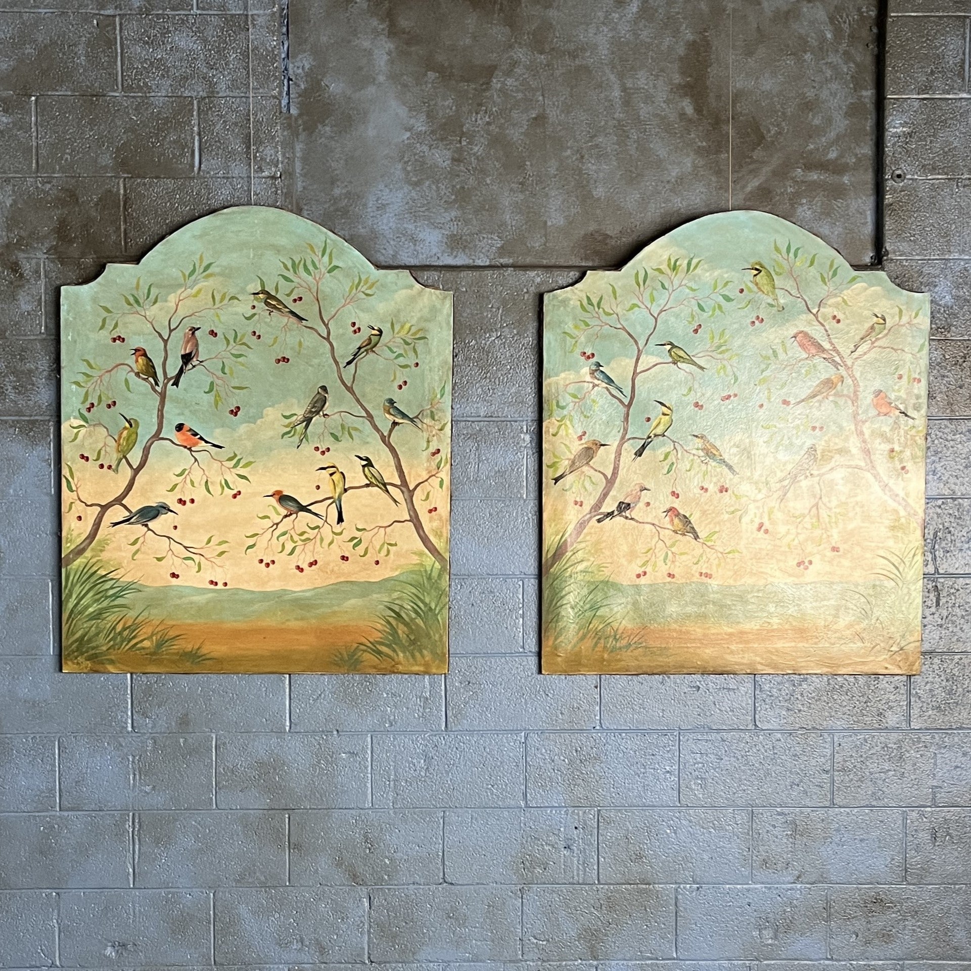 Italian Bird and Tree Paintings Circa 1920, Set of two