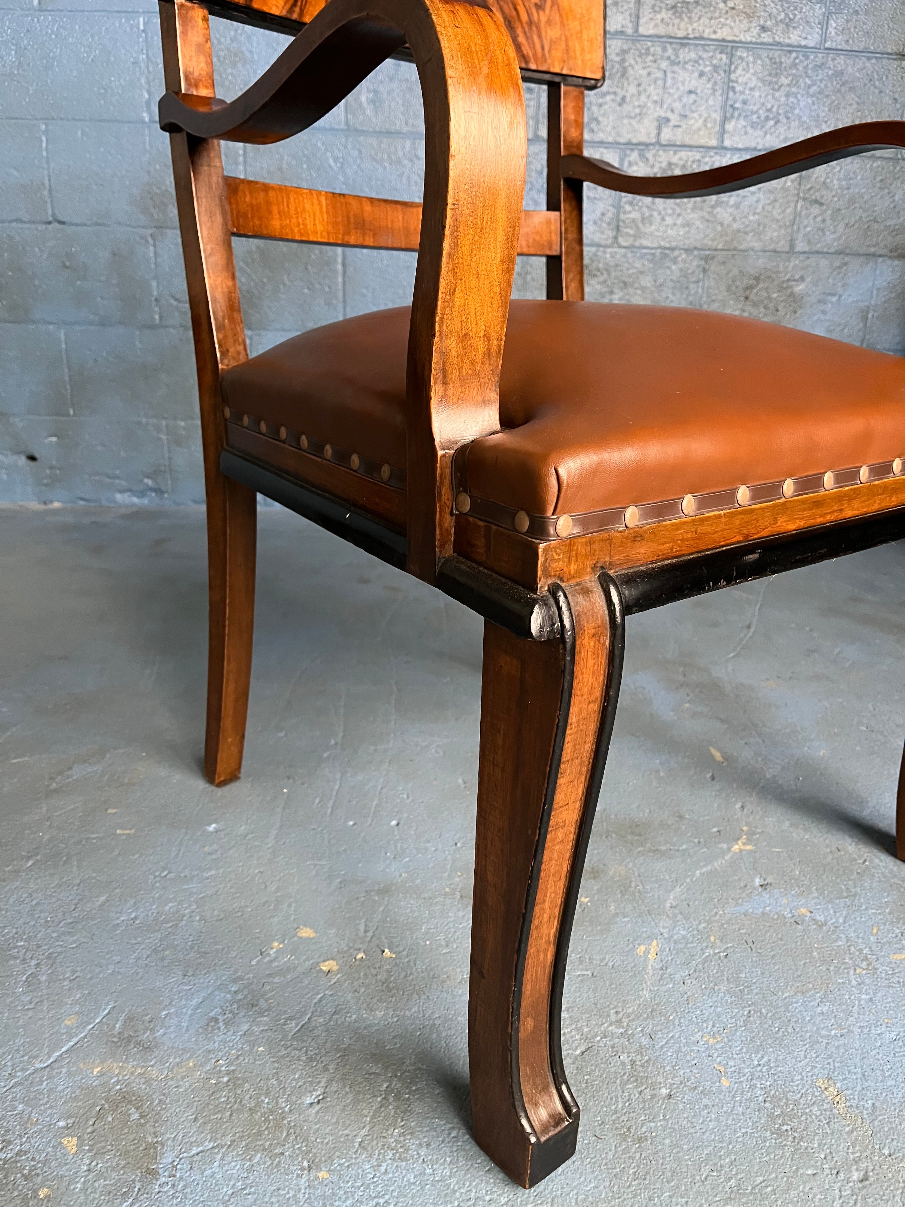Art Deco Walnut Veneer and Ebonized Wood Band Armchairs with Leather Seats