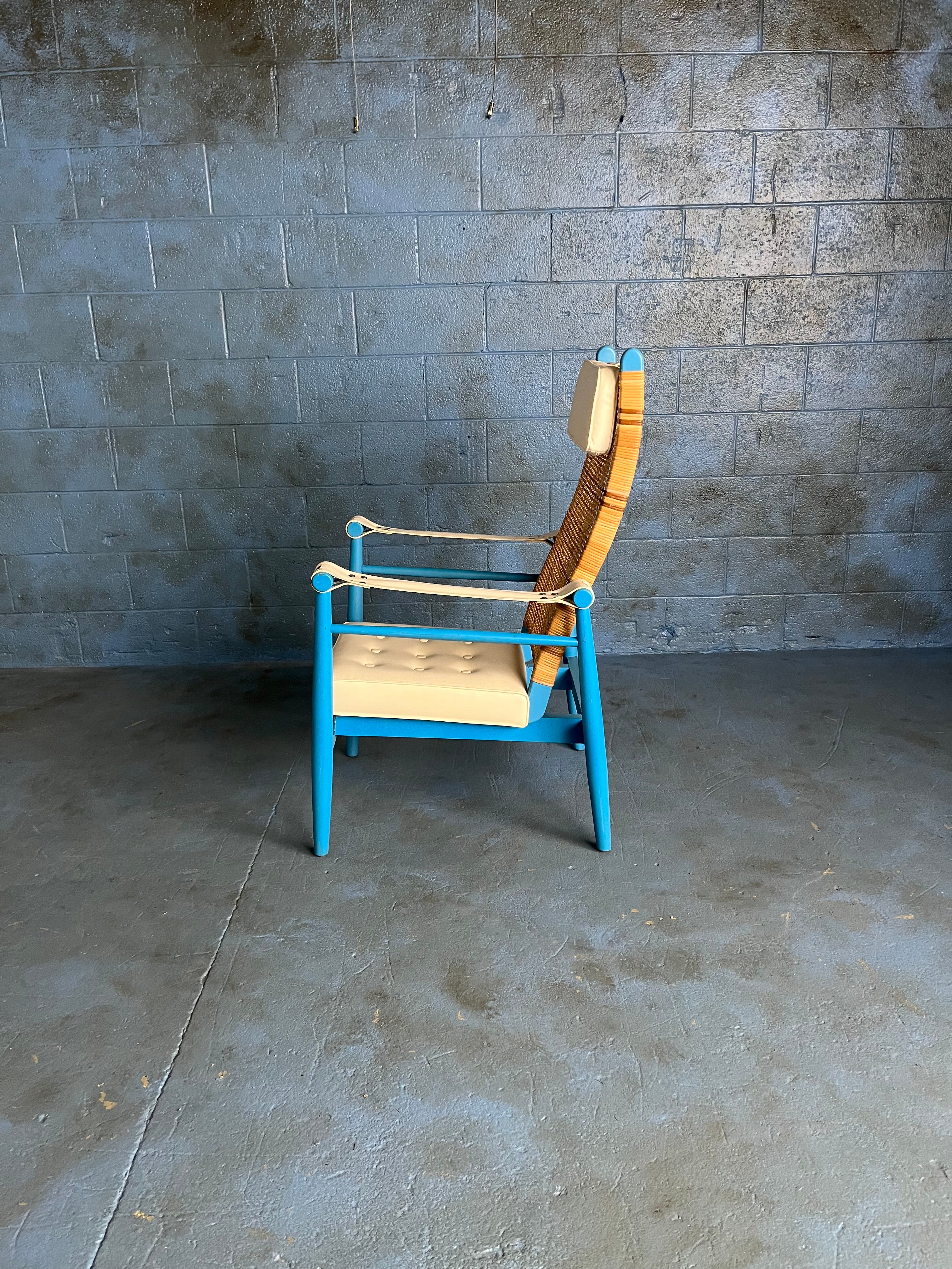 Blue with White Leather and Rattan Lounge Chair